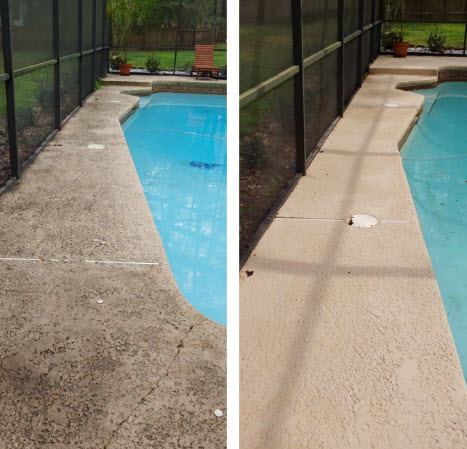 Travertine pool deck after professional cleaning in Vero Beach, FL